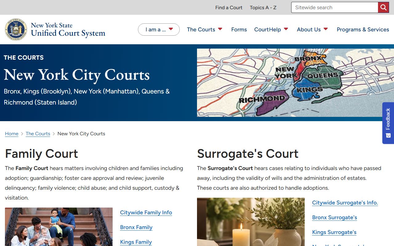 Bronx Family Court county information page with hours and transit