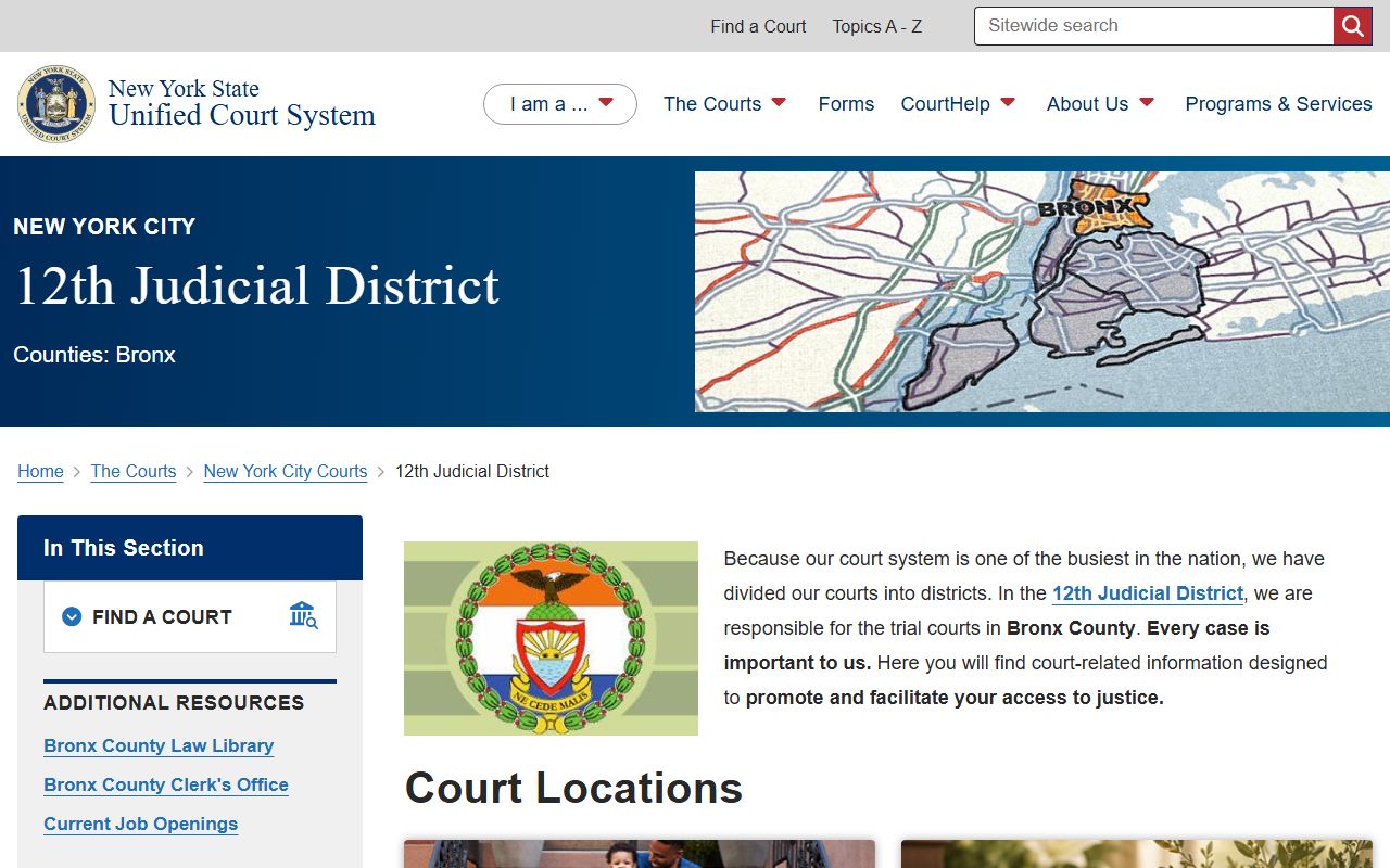Bronx County 12th Judicial District landing page with court records links