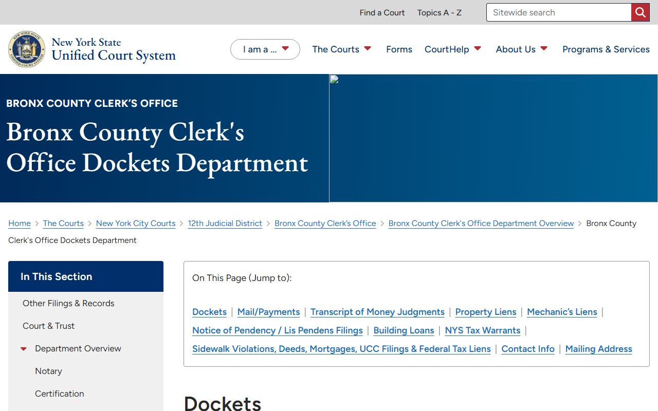 Bronx County Clerk Dockets Department page for liens judgments and tax warrants