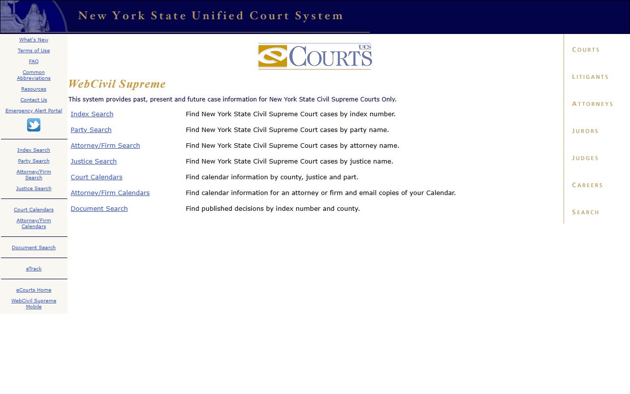 WebCivil Supreme main portal for Bronx County court records search