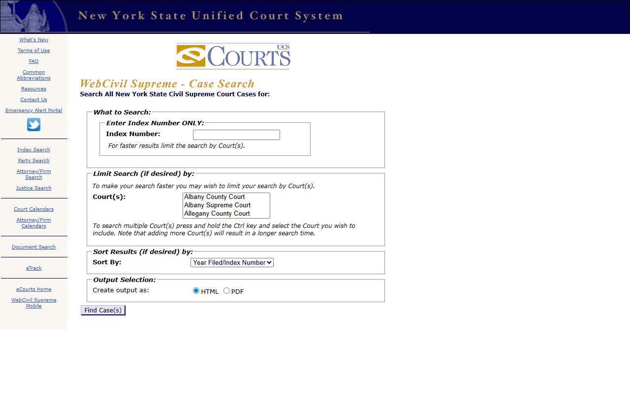 WebCivil Supreme index search form for Bronx court records