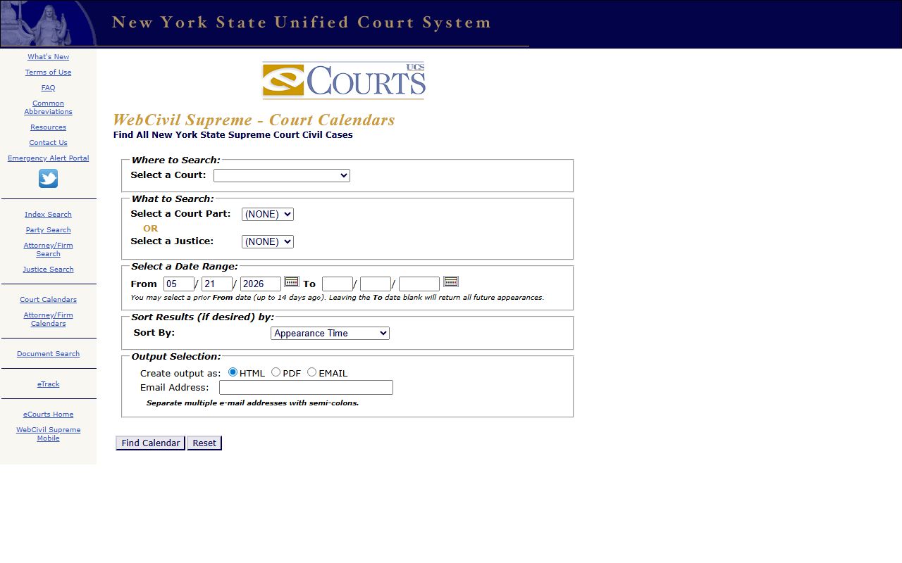 WebCivil Supreme calendar search form for Bronx Supreme Court appearances