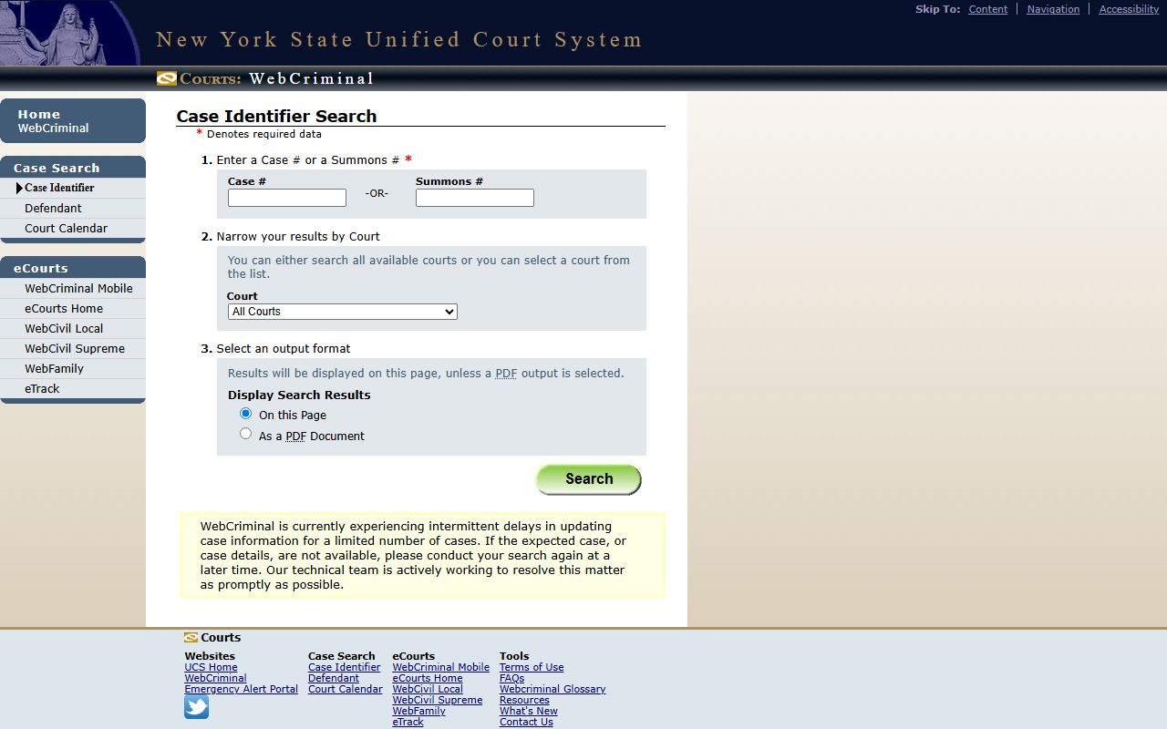 WebCriminal case identifier search for Bronx arrest case lookup