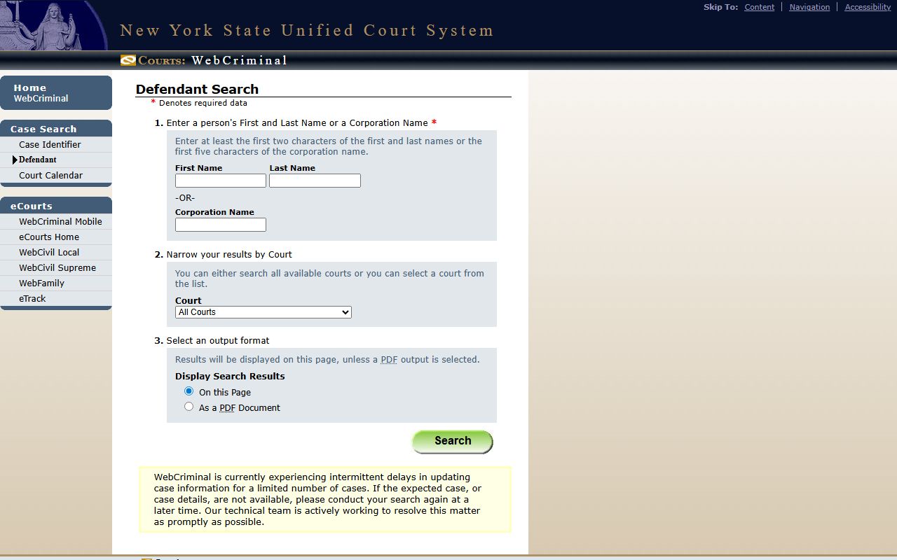 WebCriminal defendant search for Bronx County arrest records lookup