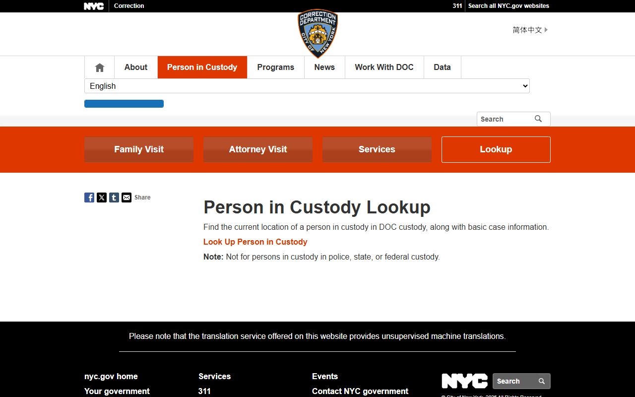 NYC DOC inmate lookup landing page for Bronx County inmate search