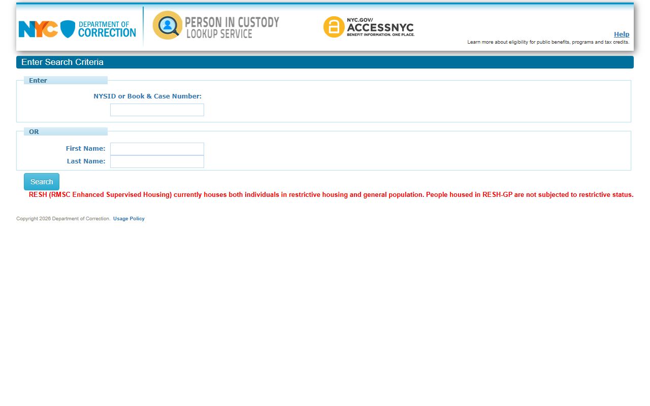 NYC DOC Person in Custody Lookup application for Bronx inmate records