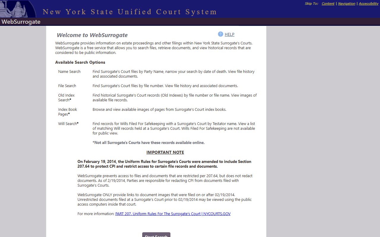 WebSurrogate search for Bronx County Surrogate's Court estate records