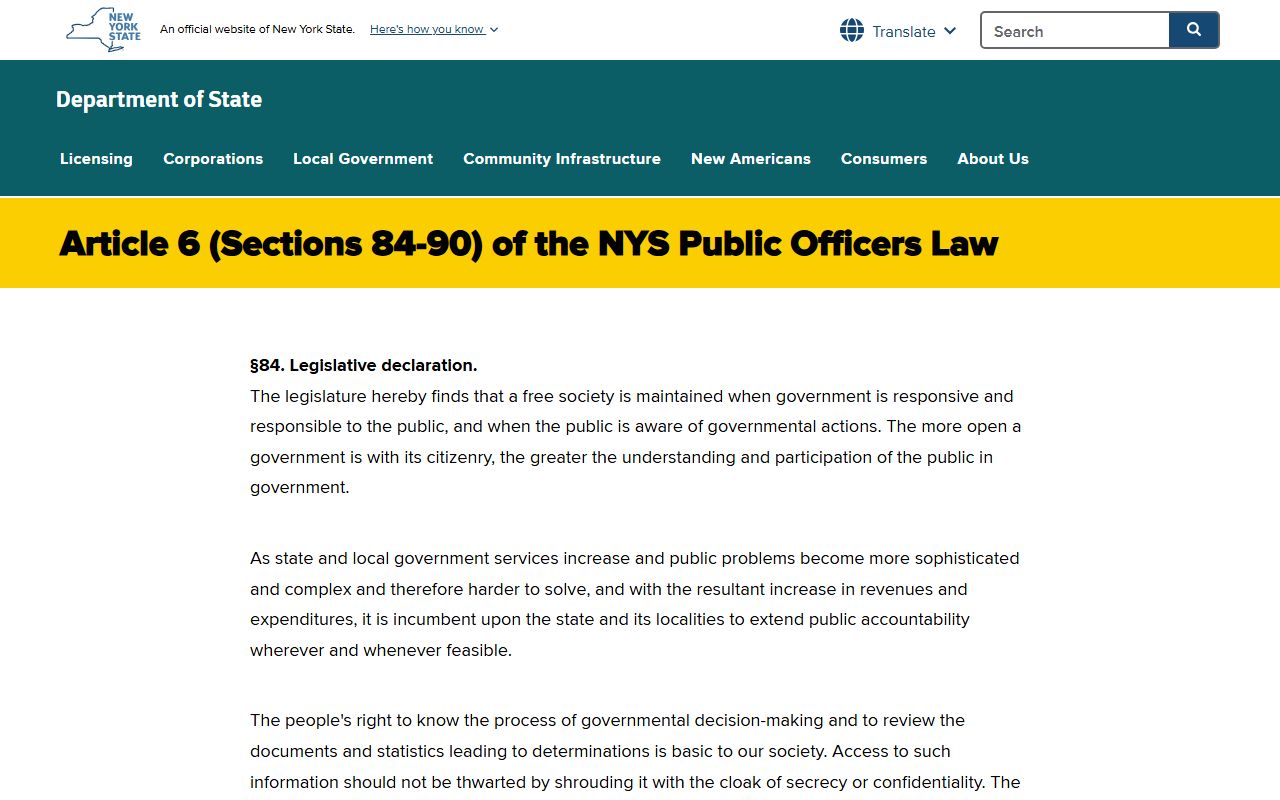 Public Officers Law Article 6 FOIL text for Bronx County public records